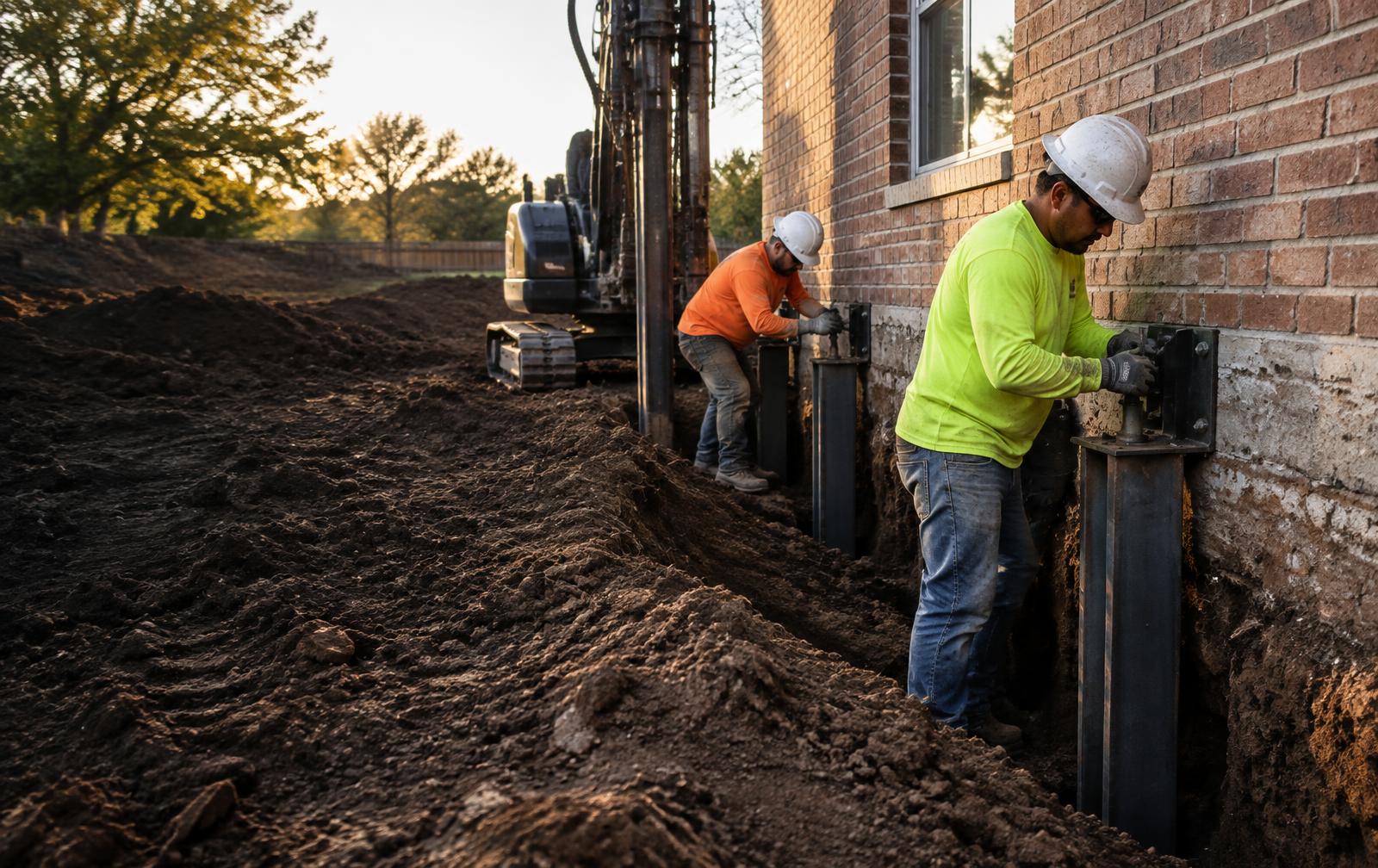 Foundation pier installation beside a DFW brick home